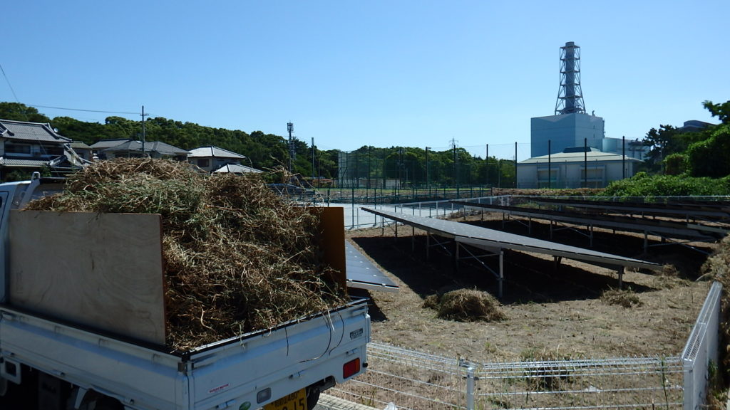 軽トラに刈った草が積んである
