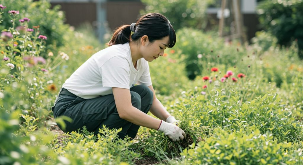 女性が草引きしている様子
