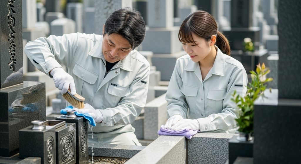 作業員２人が墓掃除をしている