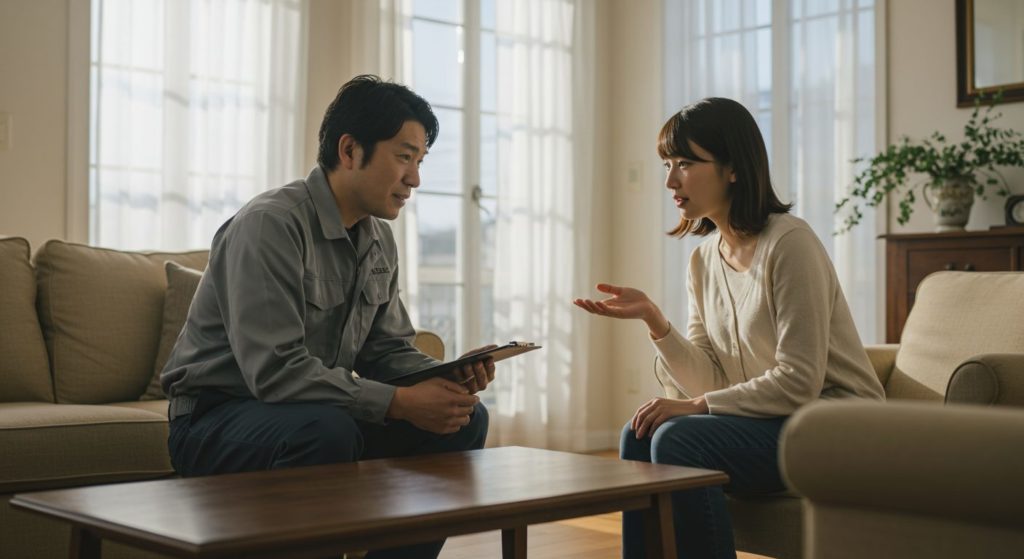 日本の便利屋の30代男性が、20代の女性と落ち着いた雰囲気の中で向き合っています。女性は少し不安げな表情を見せつつも、安心して話せる相手として便利屋を頼っており、男性は真剣なまなざしで耳を傾け、丁寧に対応しています。静かな昼下がりの洋風の室内で交わされる会話には信頼感があり、ただの作業だけでなく「人に寄り添う便利屋」としての姿が伝わる場面です。