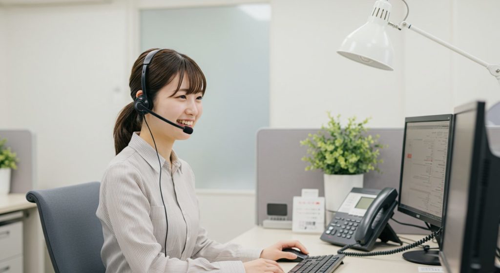 パソコン出張サポートの女性スタッフが、お客様と電話している