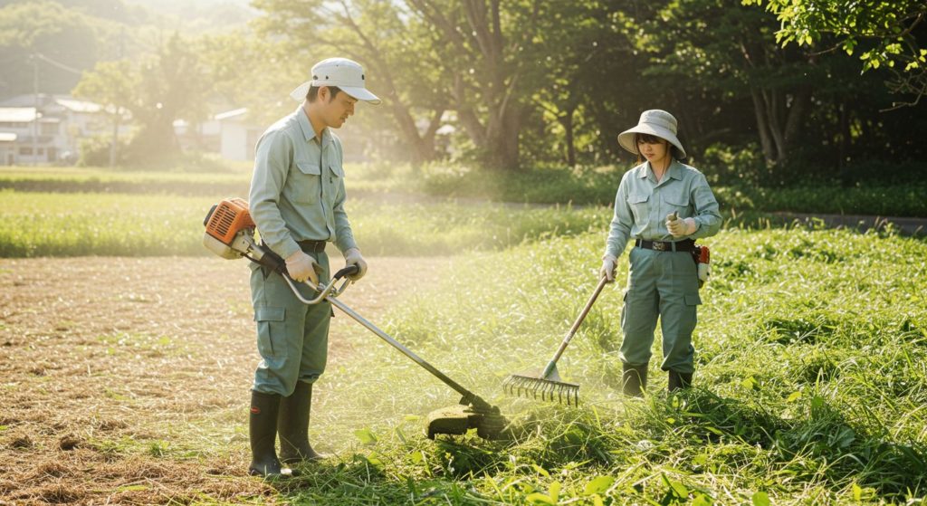 炎天下のもと、日本の30代男性と20代女性の便利屋が汗を流しながら草刈り作業をしています。強い日差しが照りつける中、二人は協力しながら黙々と作業を進め、広がる雑草を次々と刈り取っています。男性は力強く刈払機を操作し、女性は鎌を使い丁寧に仕上げながら、草の運搬や片付けも手際よくこなします。暑さに負けず真剣な表情で作業に取り組む姿からは、責任感とチームワークの良さが感じられます。