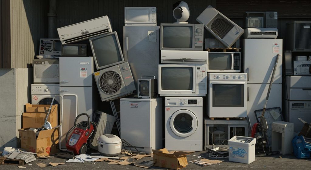 屋外に家電リサイクル製品がたくさん積み上げられている様子です。冷蔵庫、洗濯機、テレビに加えて、エアコンも混ざっており、これらの家電が整理されずに屋外に並べられています。エアコンは取り外された状態で、配管やリモコンなどの付属品が一緒に積まれているものもあります。風雨にさらされているため、早急な処理が求められる状態です。作業員が家電一つ一つを確認し、リサイクル可能な部品を分別して、適切な方法で処理する準備を進めています。周囲にはリサイクル用のトラックや処理設備があり、効率的に回収作業が進められる様子です。