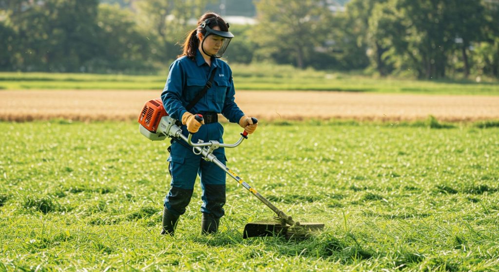 女性が草刈りしている様子
