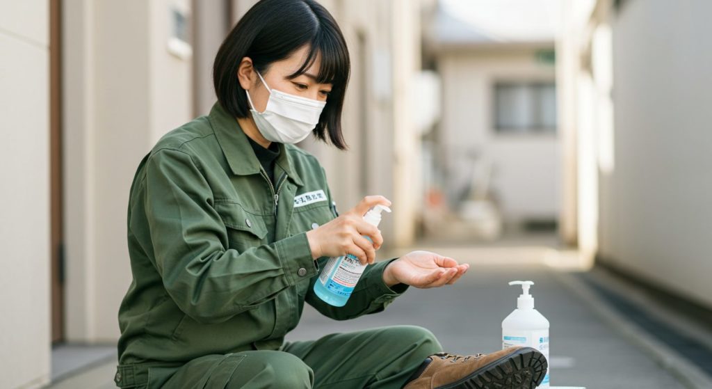 スタッフが手の消毒をしている