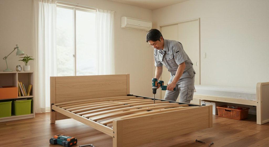 ベッドを組み立てている