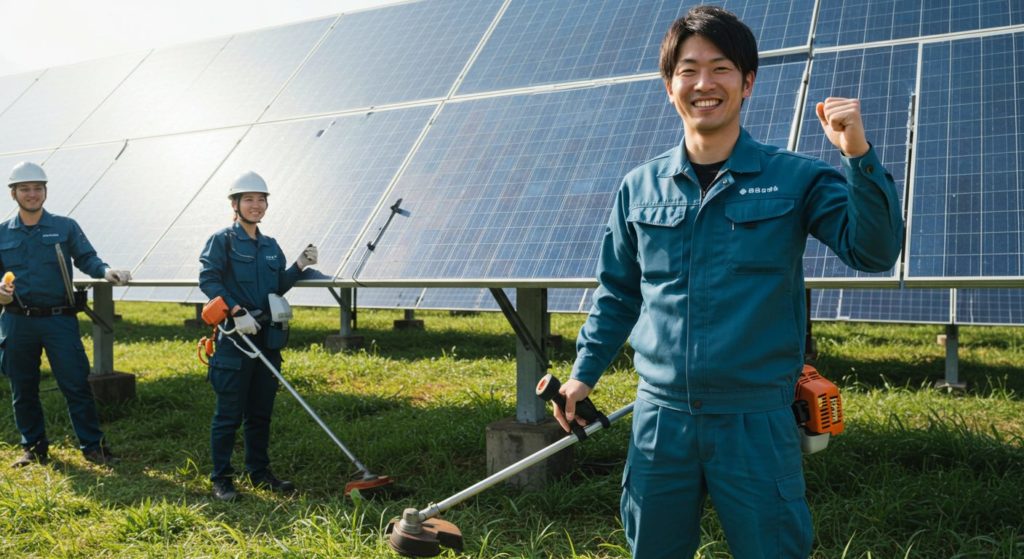 太陽光発電の前でポーズしている男性