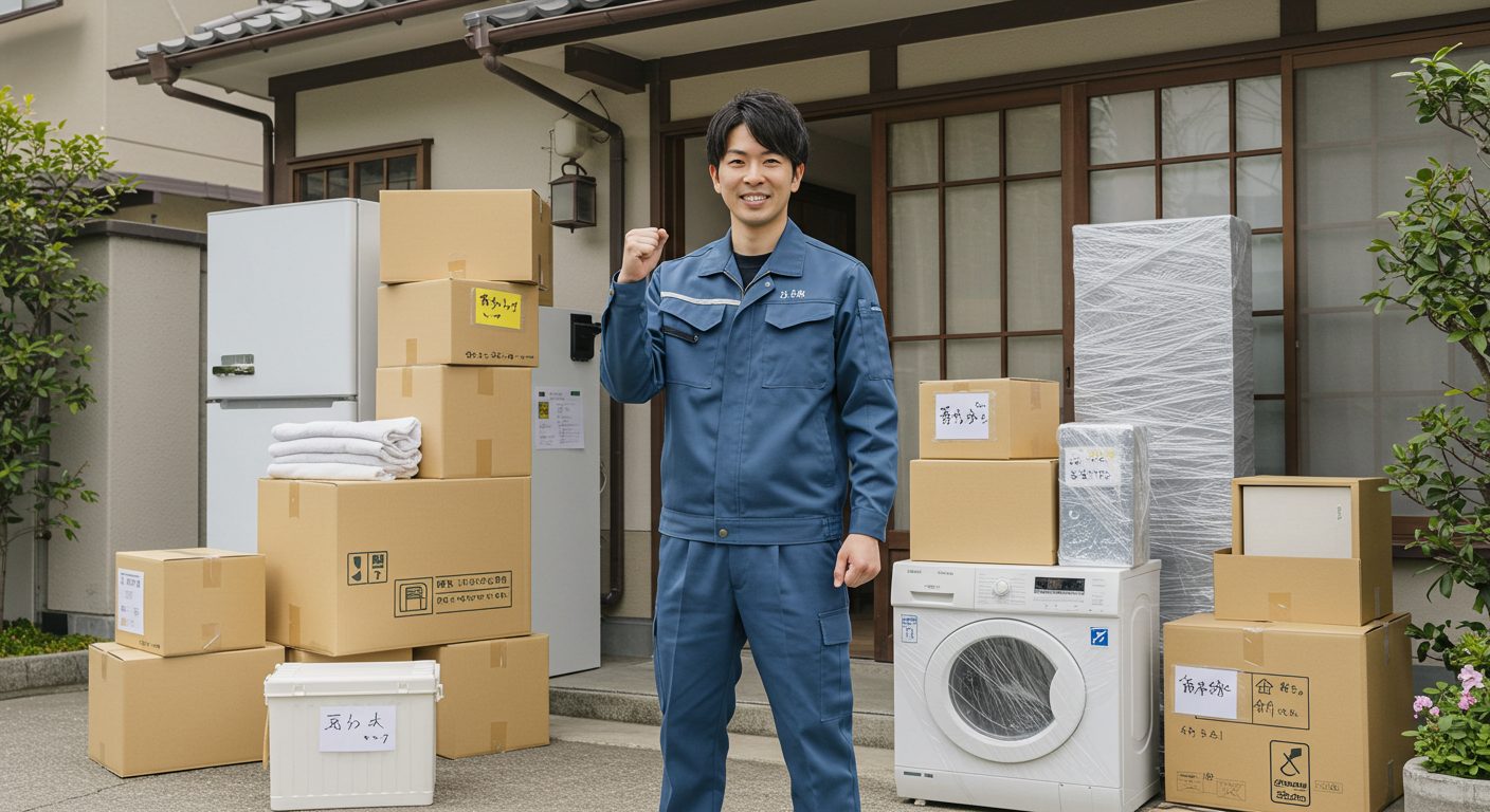 引っ越し屋の社長が荷物の前でポーズしている