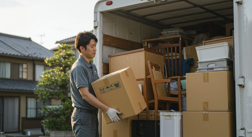 引っ越し屋が荷物をトラックに積んでいる