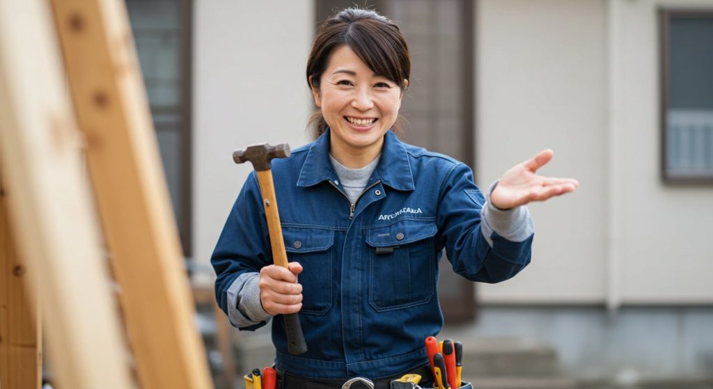 40代の女性が作業着を整え、必要な道具を確認しながら静かに準備を進める。長年の経験がにじむ手際の良さで、手袋をはめ、道具をしっかりと持ち直す。依頼内容を思い浮かべながら、仕事の流れを頭の中で組み立て、スムーズに進めるための段取りを整える。表情は真剣でありながらもどこか穏やかで、頼れるプロの雰囲気が漂う。準備が整うと、一息ついて気持ちを引き締め、静かに作業へと取りかかる。