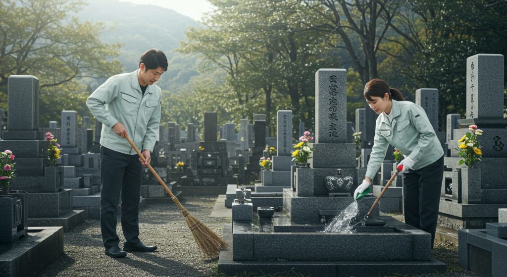 墓掃除の業者が掃除している