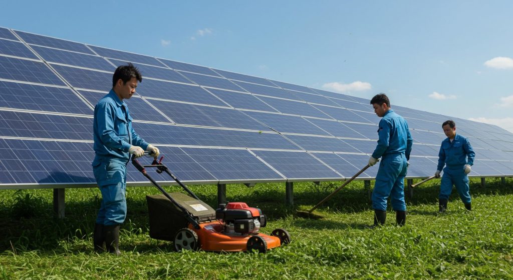 太陽光発電の周りを草刈りしている