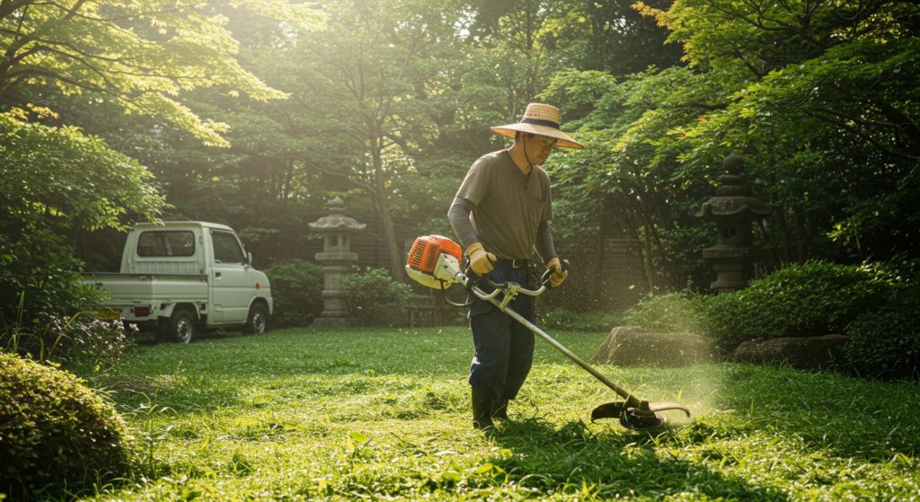 男性が草刈りしている様子