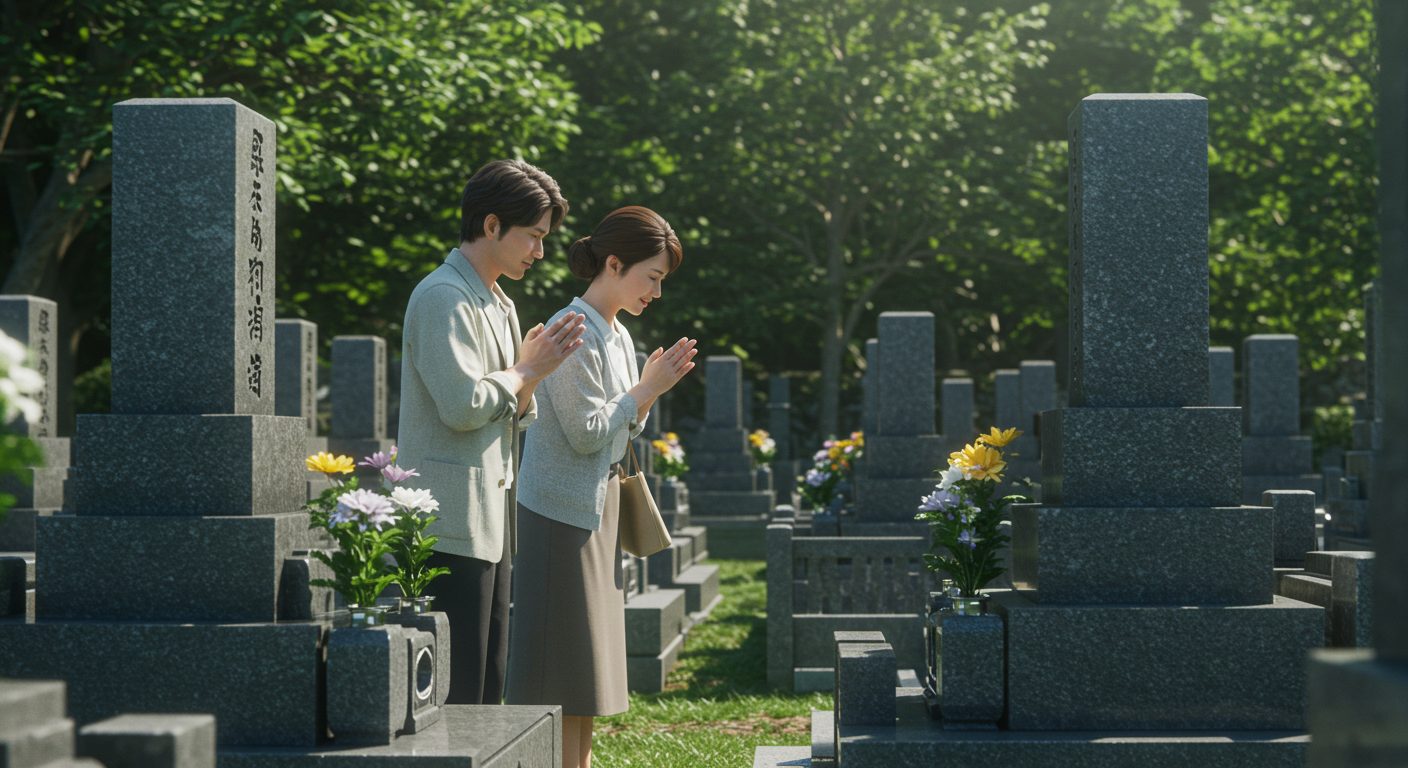 夫婦が先祖の墓参りをしている