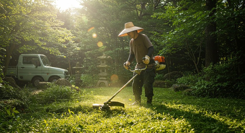 男性が草刈り機で草刈りしている様子