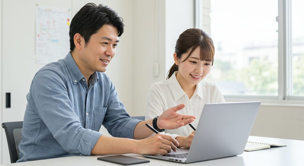 パソコンの説明を受けている