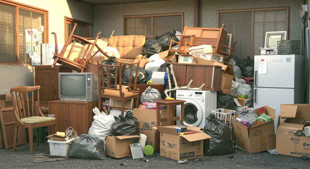 建物の前に、たまった不用品が大量に積み上げられている様子