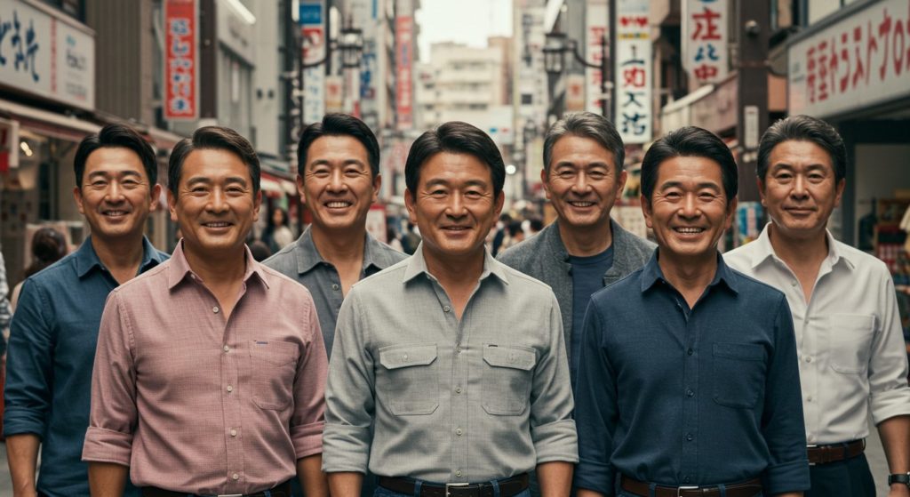 オジサンの便利屋達が町中にいる様子