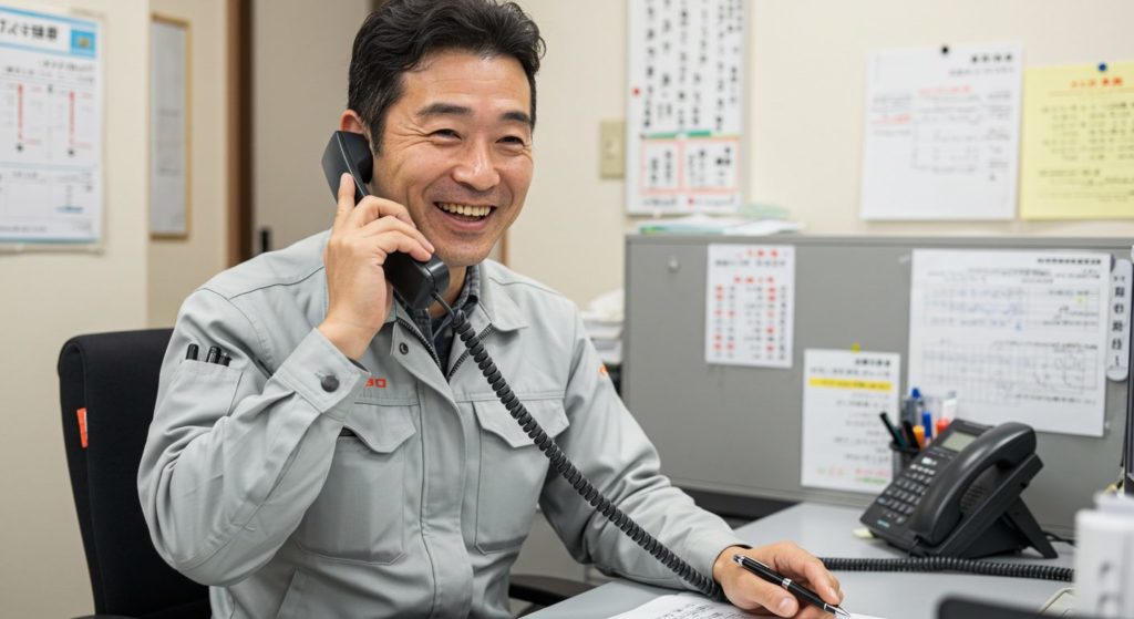 オジサンの便利屋が電話をしている