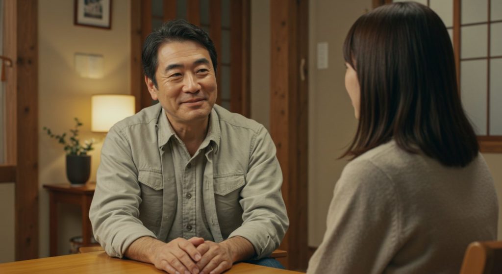 オジサンが若い女性の相談を聞いている