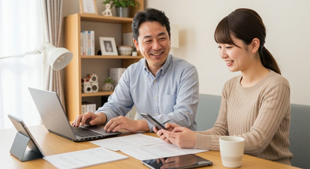 パソコンの講師の先生が、20代の女性にパソコンやスマホを教えている様子。先生は、落ち着いた声で画面を指し示しながら「こちらのアイコンをクリックして、次にこのアプリを開いてみてください」と丁寧に説明しています。女性は、パソコンの画面やスマホの操作に興味深く耳を傾け、手元を確認しながら、少しずつ理解していきます。先生は女性の進み具合に合わせて、優しく繰り返し説明し、女性はうなずきながら質問をし、着実に操作方法を覚えていきます。時折、スマホの設定やアプリの使い方についても具体的にアドバイスし、女性は「これでできた！」と嬉しそうに笑顔を見せています。先生は、その都度、手助けをしながら、安心して学べる環境を提供しています。