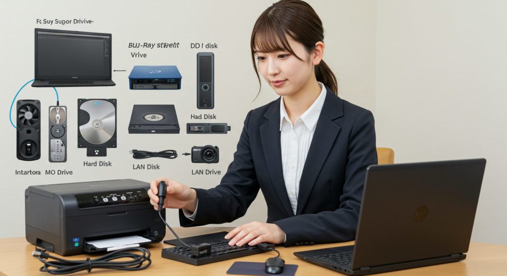 パソコンサポートのスタッフが機器の接続をしている