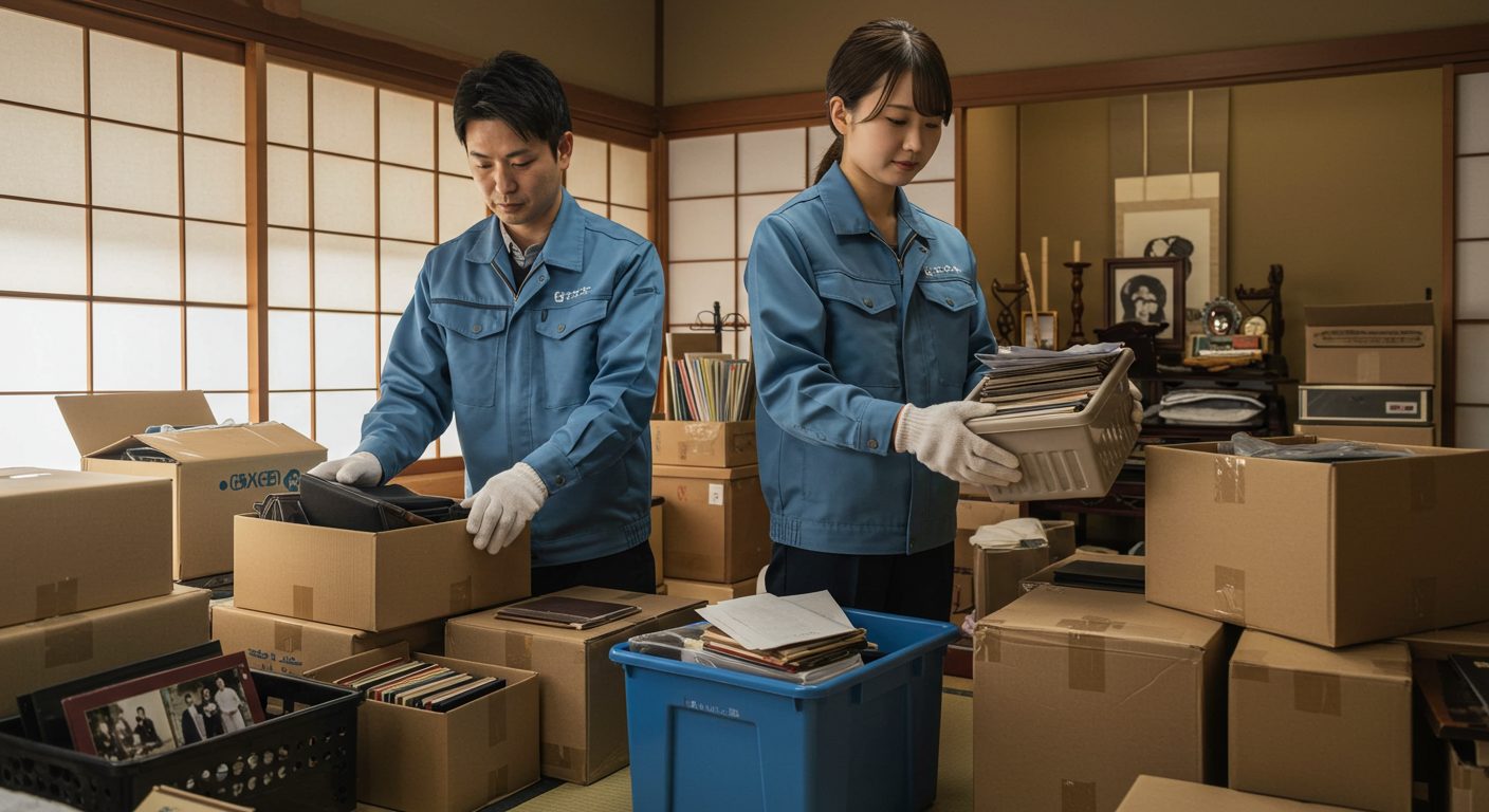 遺品整理士の資格を持つ男女のスタッフが、故人の遺品を一つひとつ丁寧に整理している様子。部屋の中は故人が大切にしていた品々であふれており、スタッフたちは手袋をつけ、真摯な面持ちで作業にあたっています。写真や手紙など思い出の詰まった品には特に慎重に扱い、必要に応じてご遺族に確認を取りながら対応。不要なものと残すべきものを仕分けしながら、部屋をきれいに整えていきます。全体の作業には静かで落ち着いた雰囲気が流れ、ご遺族の気持ちに寄り添った配慮と尊厳をもって進められている場面です。