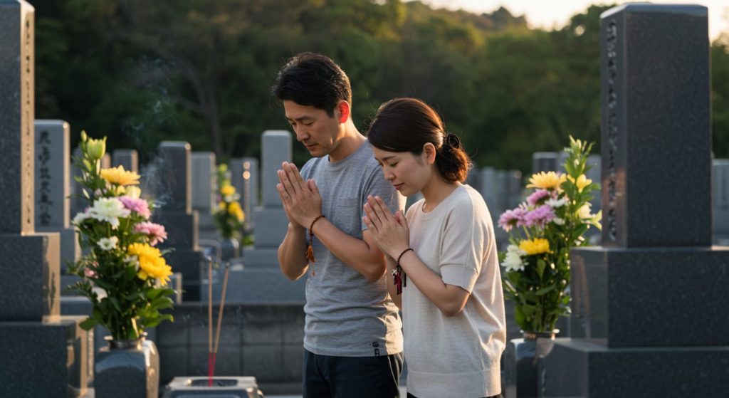 夫婦がご先祖様のお墓参りをしている様子。二人は静かに墓前に立ち、手を合わせながら心を込めてお参りしています。お供えの花をそっと飾り、お線香に火をつけると、優しい煙がゆっくりと空へと昇っていきます。夫婦は、ご先祖様への感謝や近況を報告するように、小さな声で語りかけています。墓石の汚れを軽く拭き取りながら、「また来ますね」と穏やかな表情で微笑み合い、お墓を後にします。