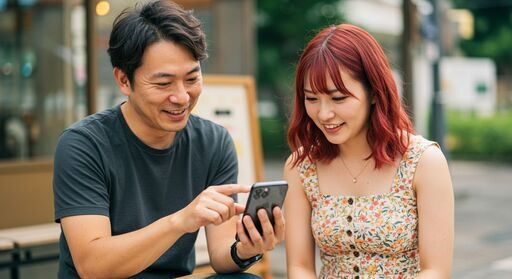 男性が女性にスマホの操作を教えている