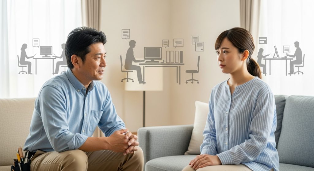 職場の相談事を聞いている