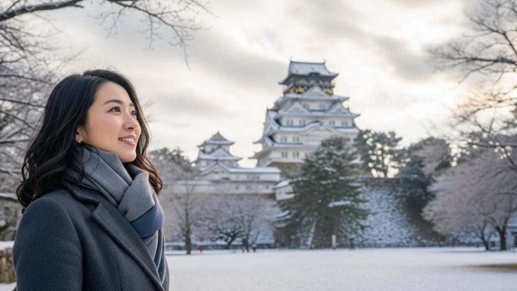 女性が冬景色の中、和歌山城を見上げている様子