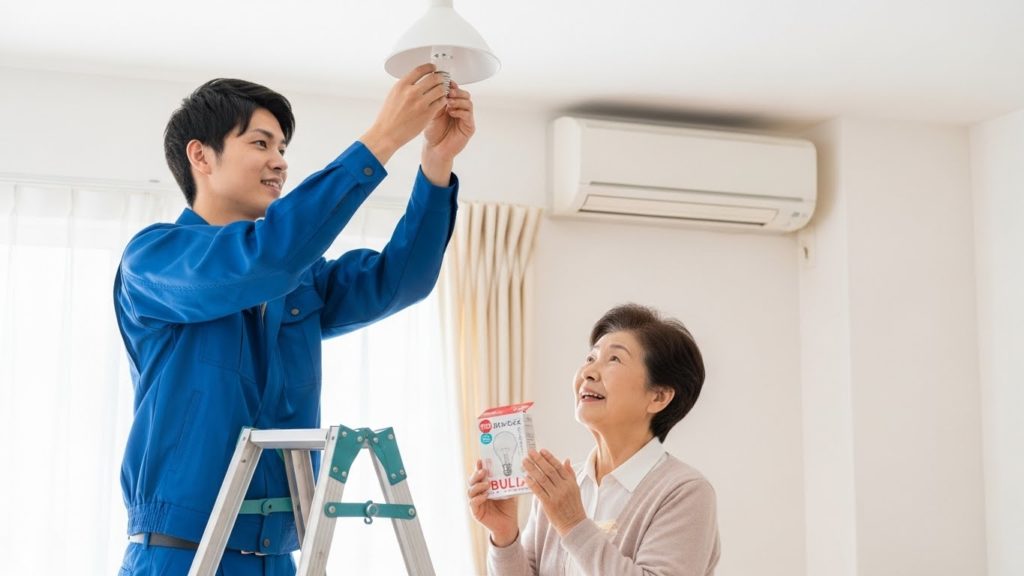 電球を交換している便利屋の男性
