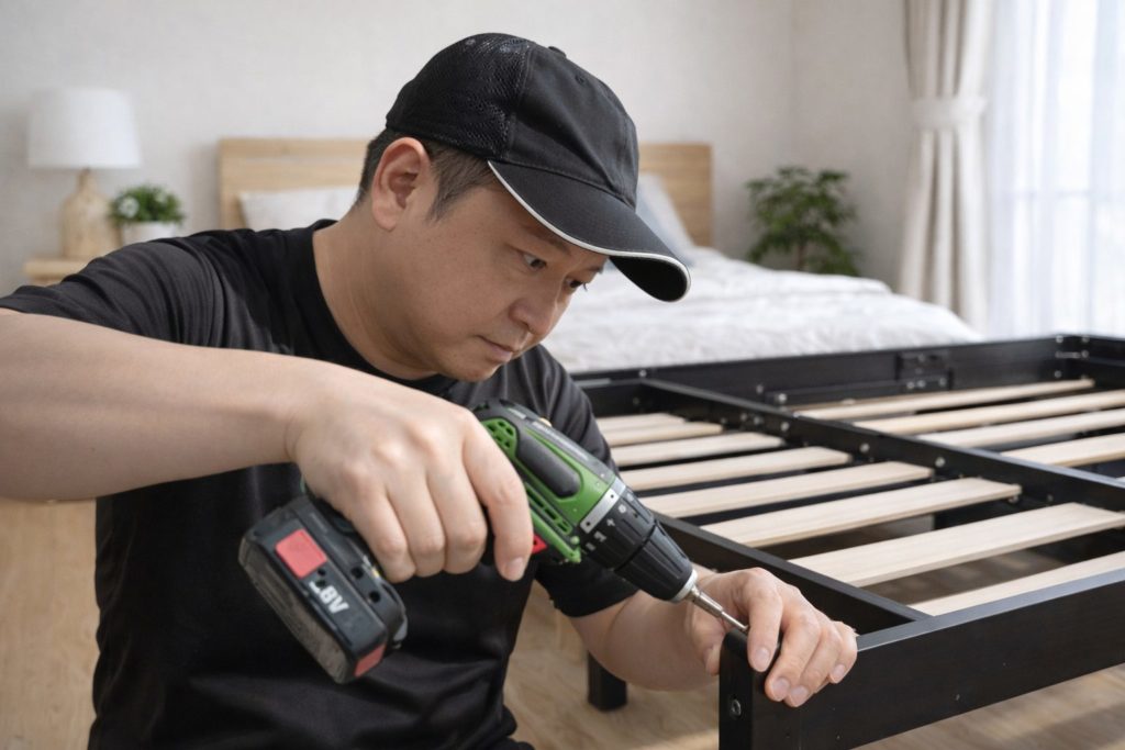 便利屋の男性がベッドを組み立てている様子