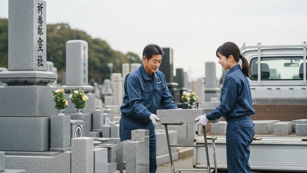 墓石をトラックに積み込む様子